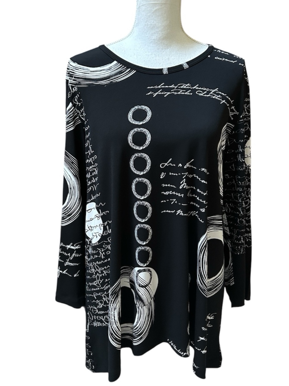 Jess & Jane Black White Artsy Abstract Print Long Sleeve Relaxed Fit Tunic Top L